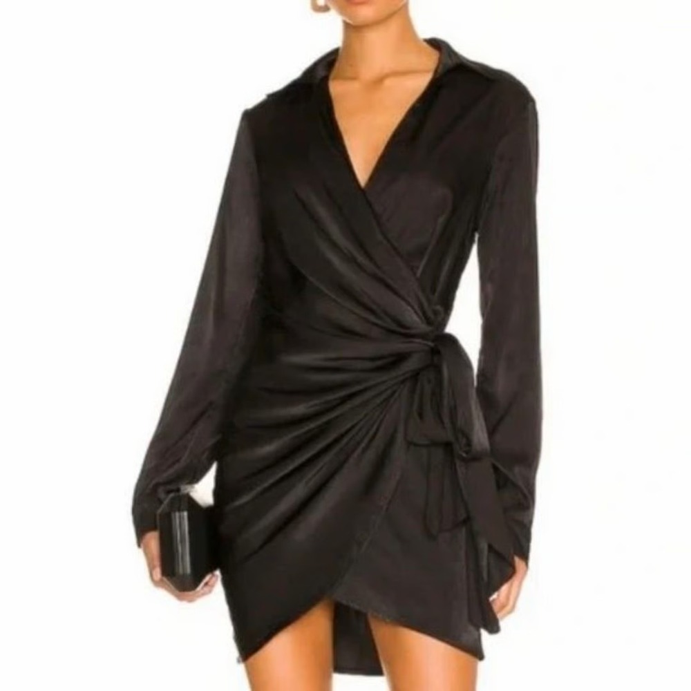 House of Harlow 1960 x Revolve S Black Satin Wrap Dress Long Sleeve Mini ‎ Luxe